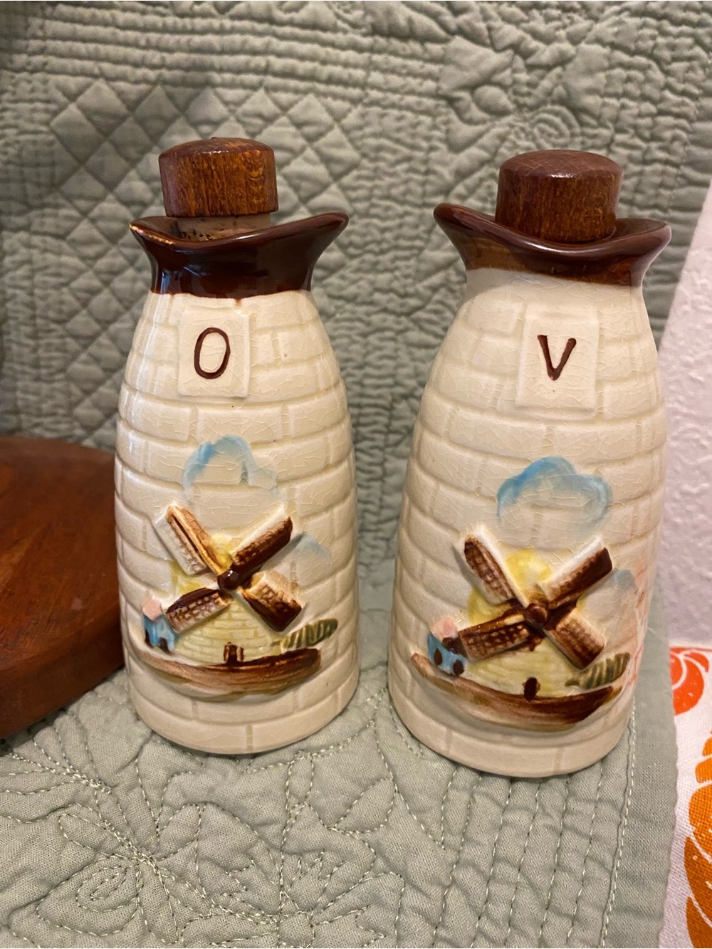 Ceramic Windmill Japan Vtg “Oil & Vinegar Bottles” Size 5” Cream/Brown EUC